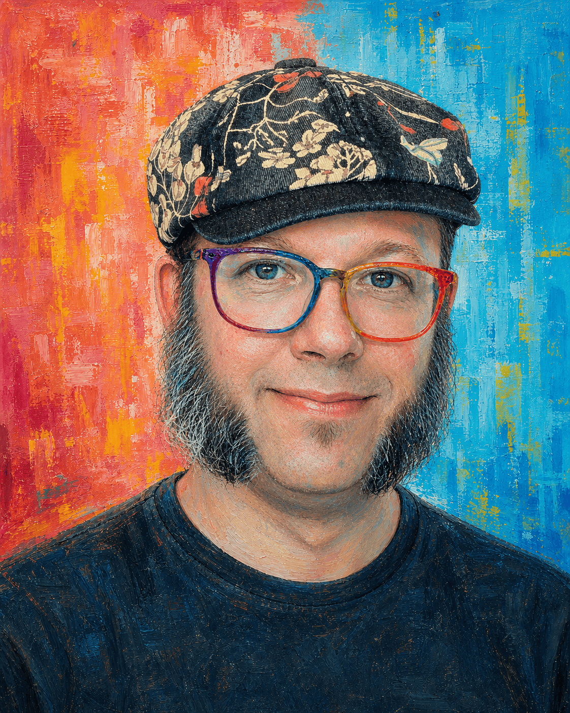 Painted portrait of Peter Raines wearing rainbow glasses and a floral cap
